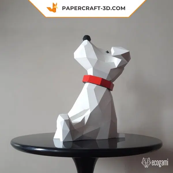 Papercraft weißer Welpe mit rotem Halsband aus Origami