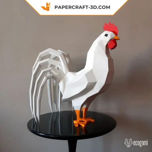 Papercraft di gallo in origami, vista posteriore