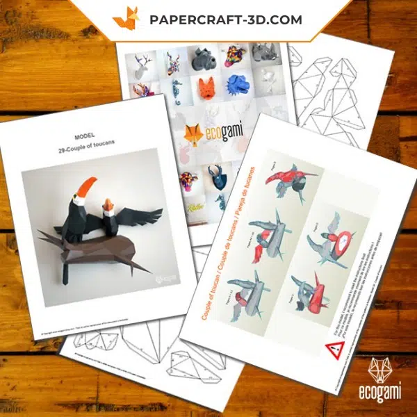 Papercraft pareja de tucanes en origami, vista posterior