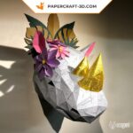 Papercraft de cabeça de rinoceronte em origami 3D