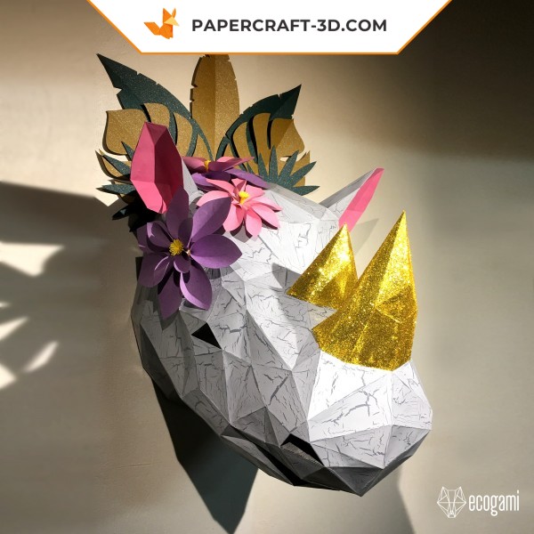 Papercraft rhinoceros head in 3D origami