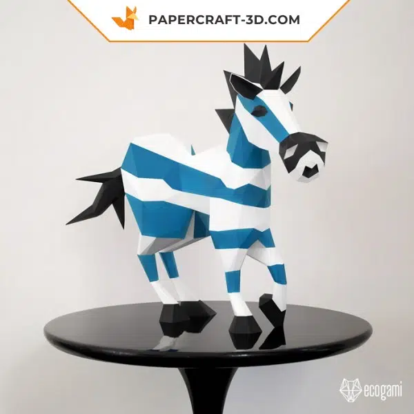 Papercraft de cebra azul al galope en origami 3D