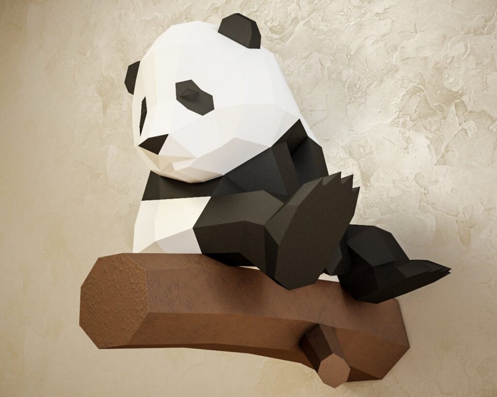 Papercraft panda sulla sua branca in origami 3D