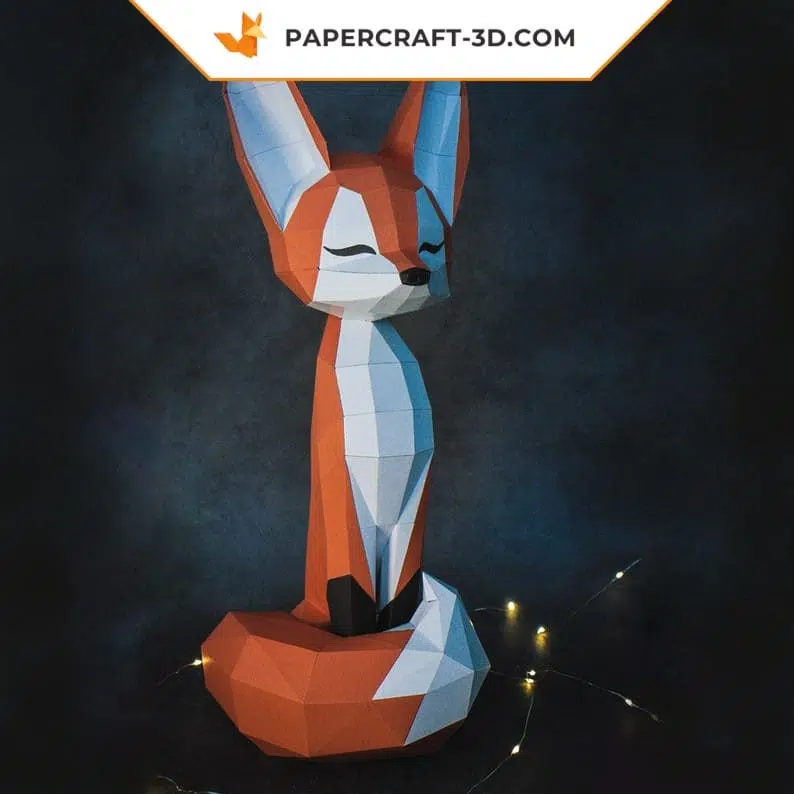 Papercraft de raposa de olhos fechados em origami 3D