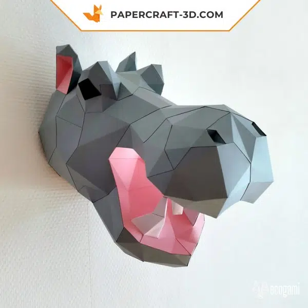 Papercraft Origami 3D Nilpferdkopf mit offenem Maul