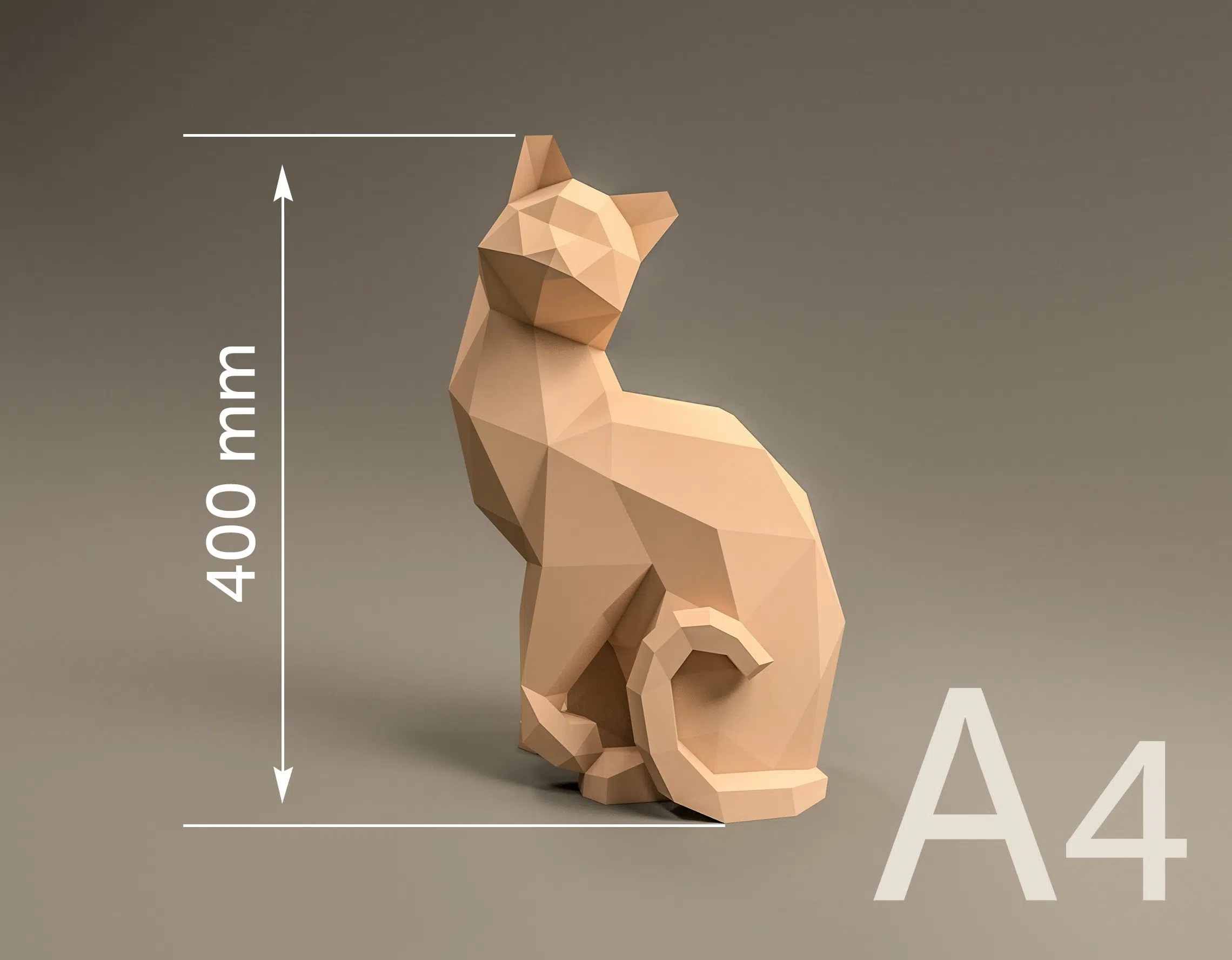 Papercraft di gatto seduto in origami 3D, dettaglio, vista 2