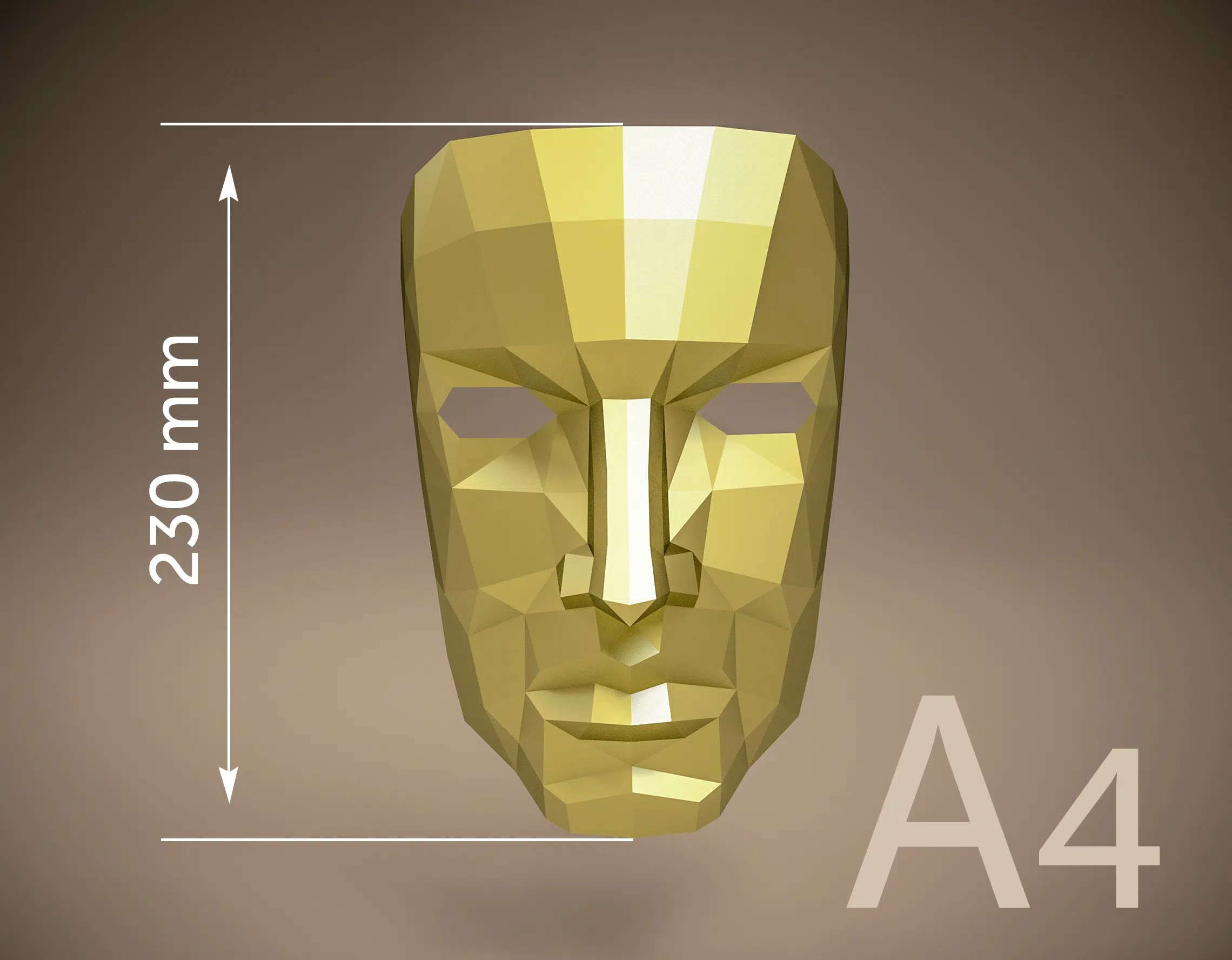 Papercraft de máscara masculina em origami 3D, vista lateral