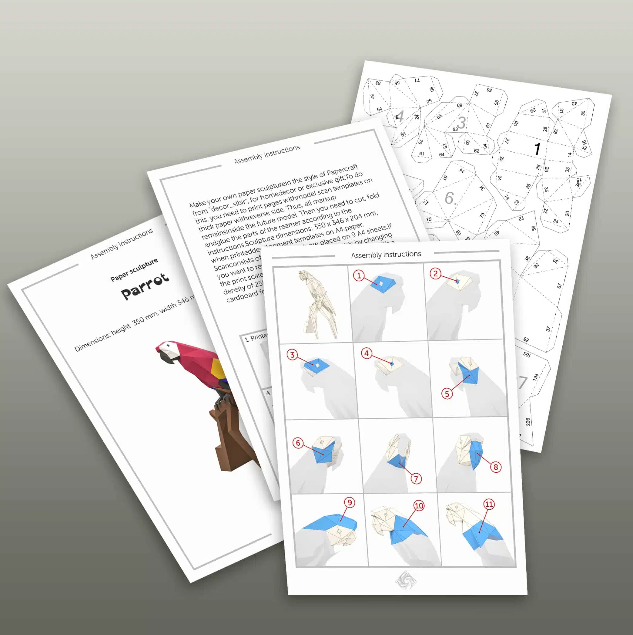 Papercraft papegaai in 3D origami, weergave 8