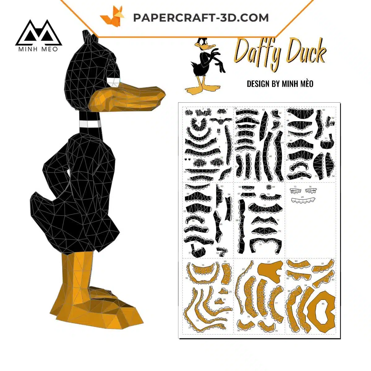 Papercraft de Daffy Duck en origami 3D, weergave 5