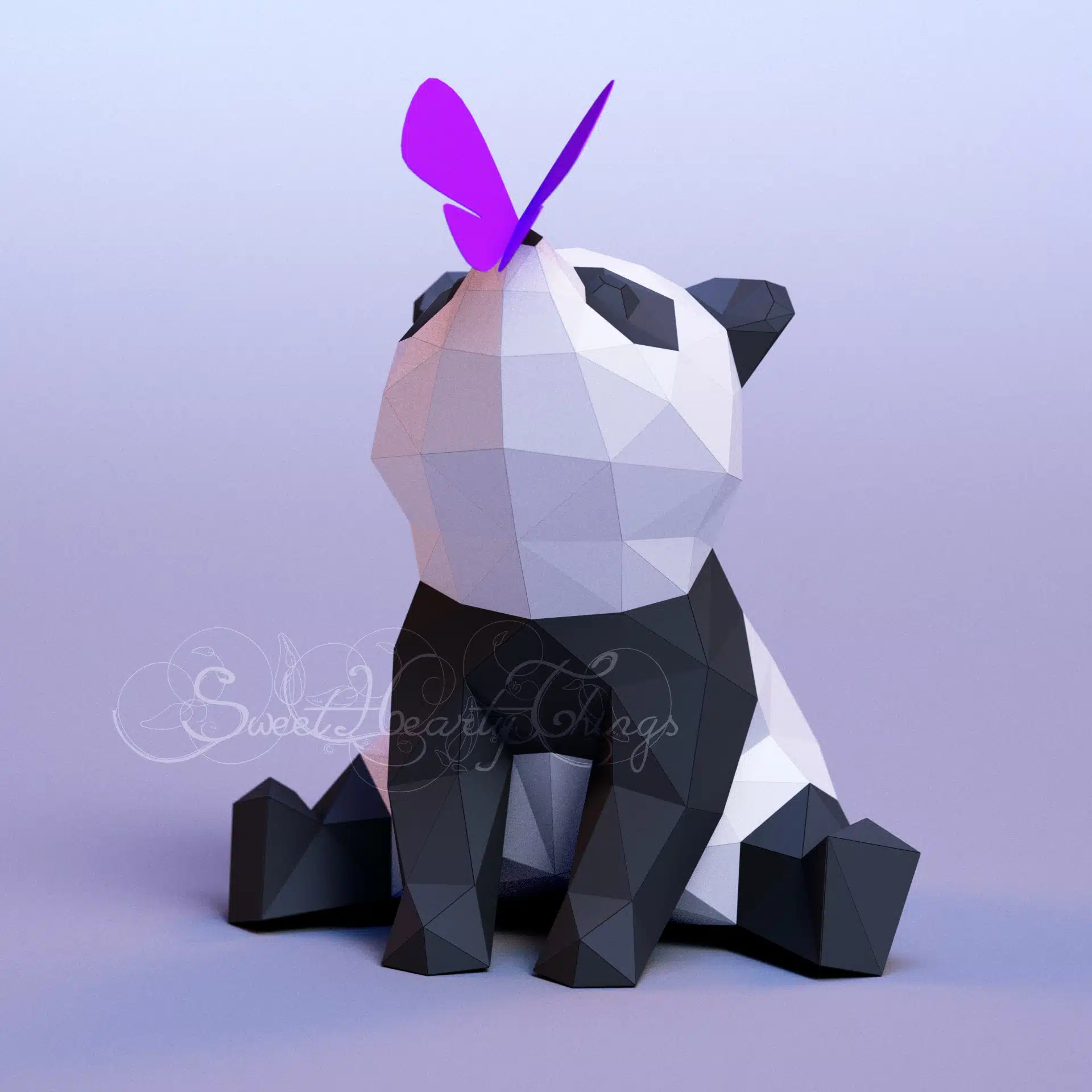 Papercraft cute panda and butterfly in 3D origami