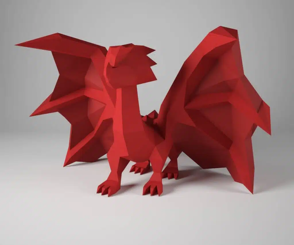 Complete 3D origami papercraft small red dragon, detail