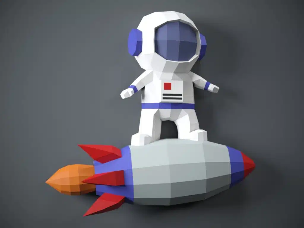 Papercraft de astronauta em foguete em origami 3D