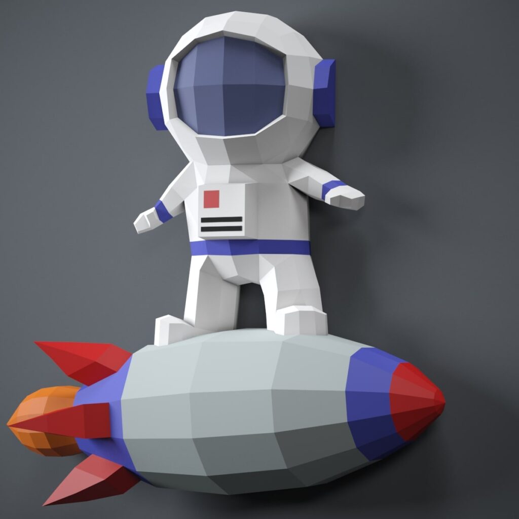 Papercraft astronaut on rocket in 3D origami