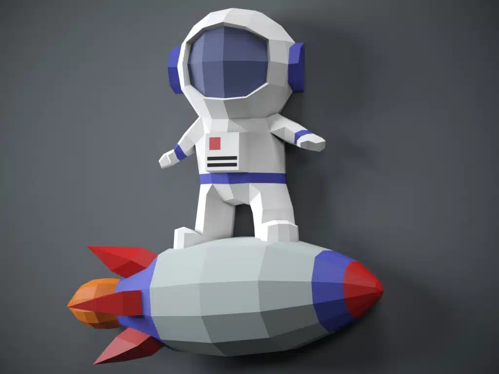 Papercraft de astronauta em foguete em origami 3D