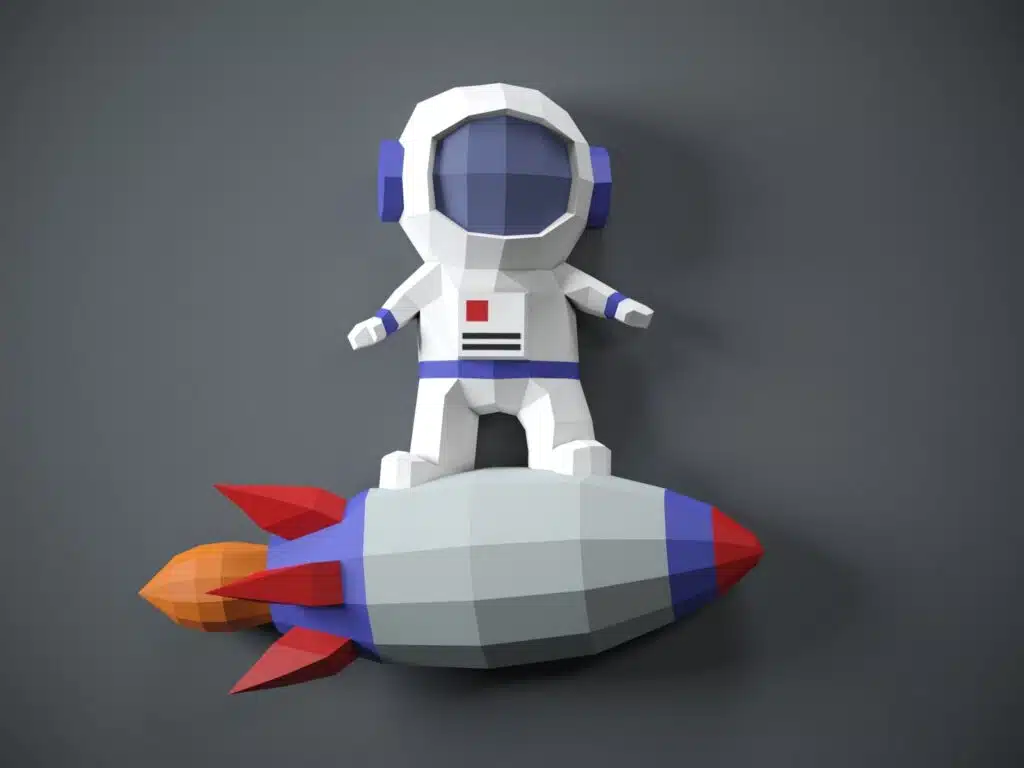 Papercraft de astronauta em foguete em origami 3D