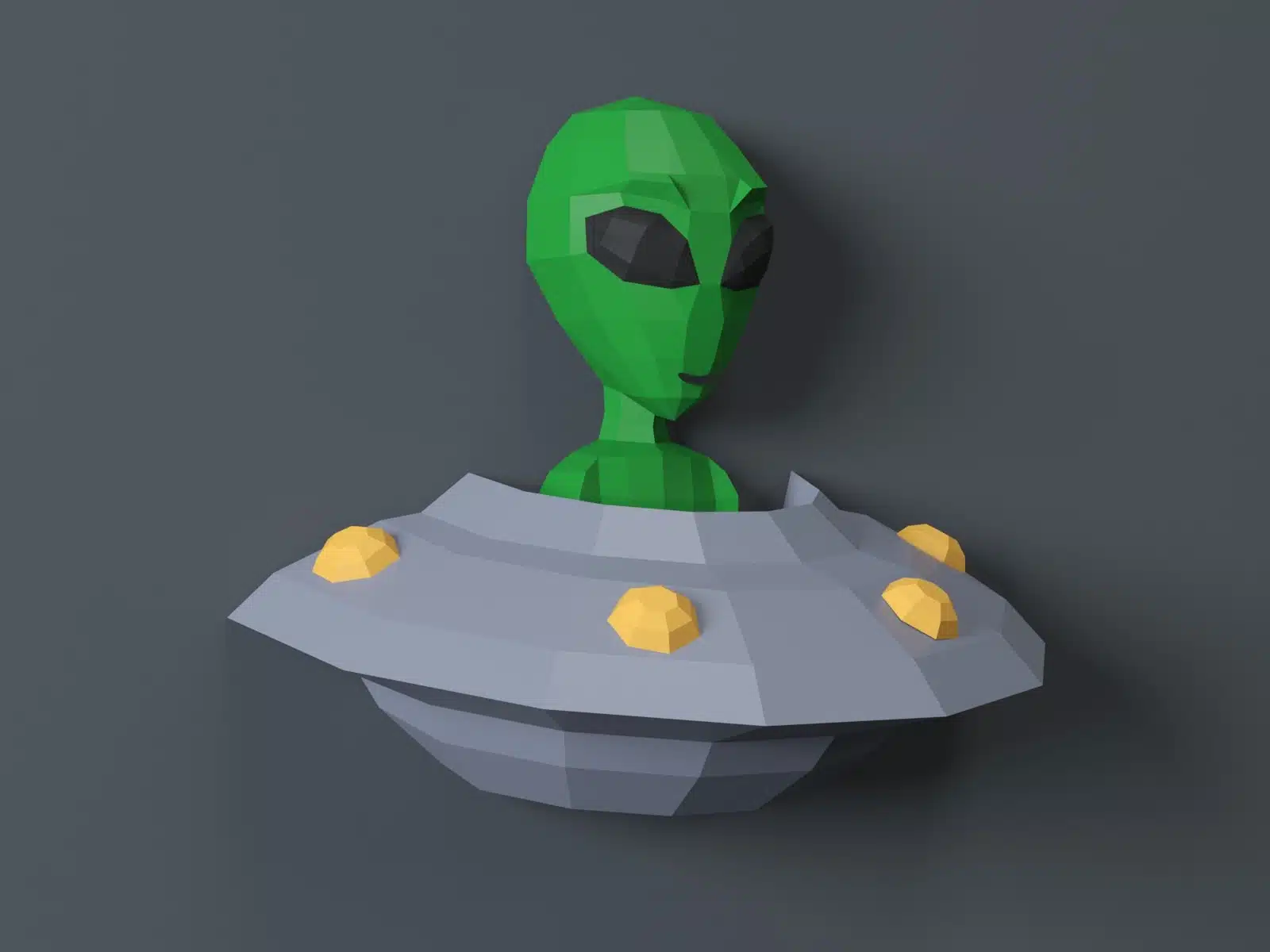 Papercraft de alien y su platillo volante en origami 3D, vista posterior