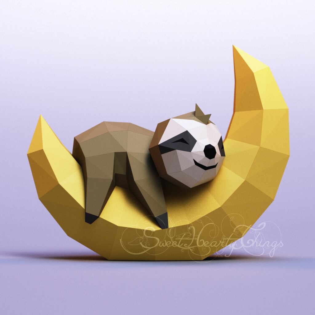 Papercraft cucciolo di bradipo sulla luna in origami 3D