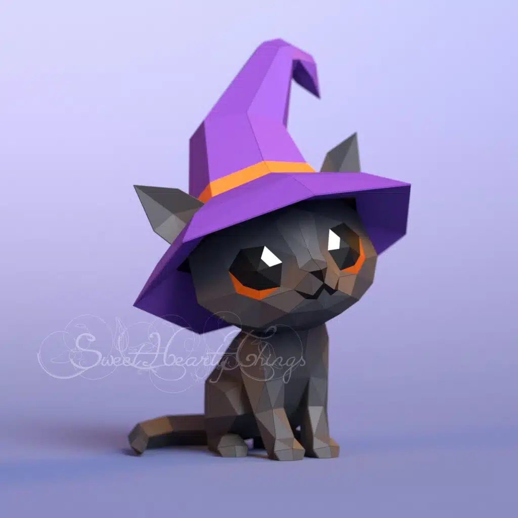 Papercraft einer kleinen schwarzen Zauberer-Katze in Origami