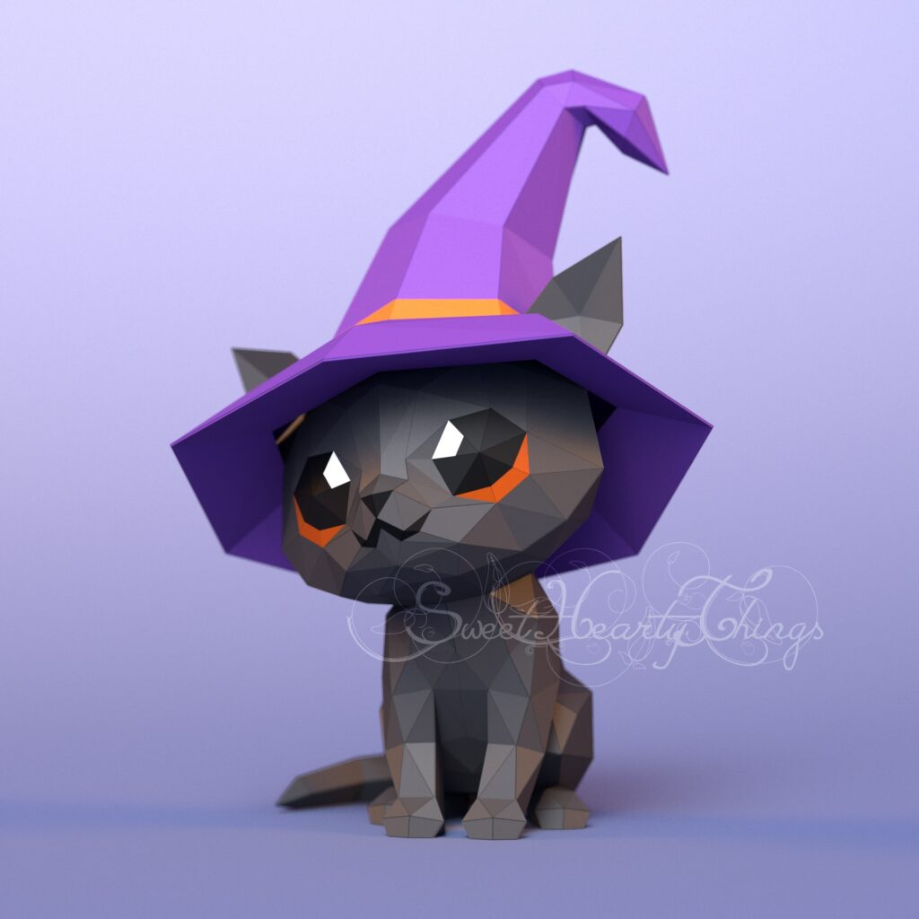 Papercraft di piccolo gatto nero stregone in origami