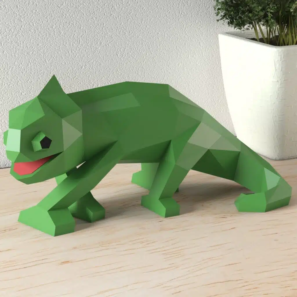 Papercraft de camaleón sacando la lengua en origami 3D