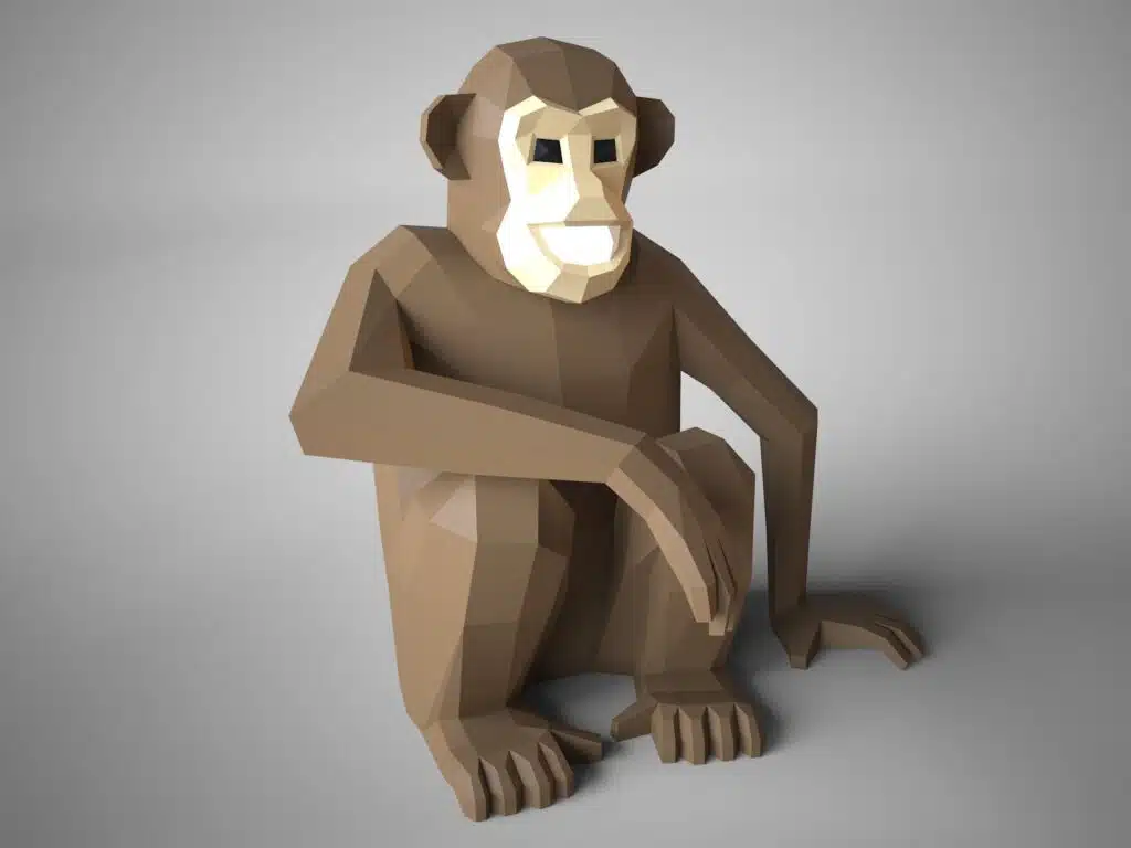Papercraft de singe chimpanzé assis en origami 3D, vue 2
