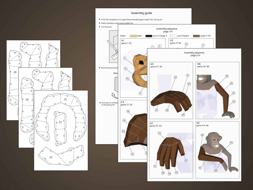 Papercraft de mono chimpancé sentado en origami 3D