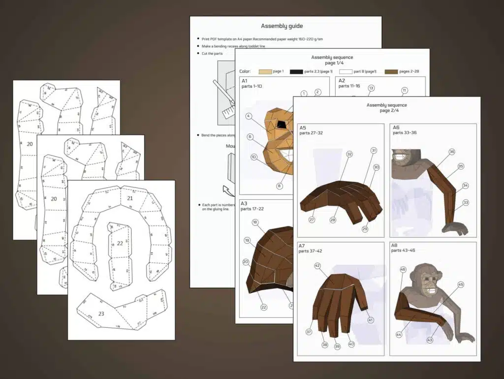 Papercraft de singe chimpanzé assis en origami 3D, vue 3