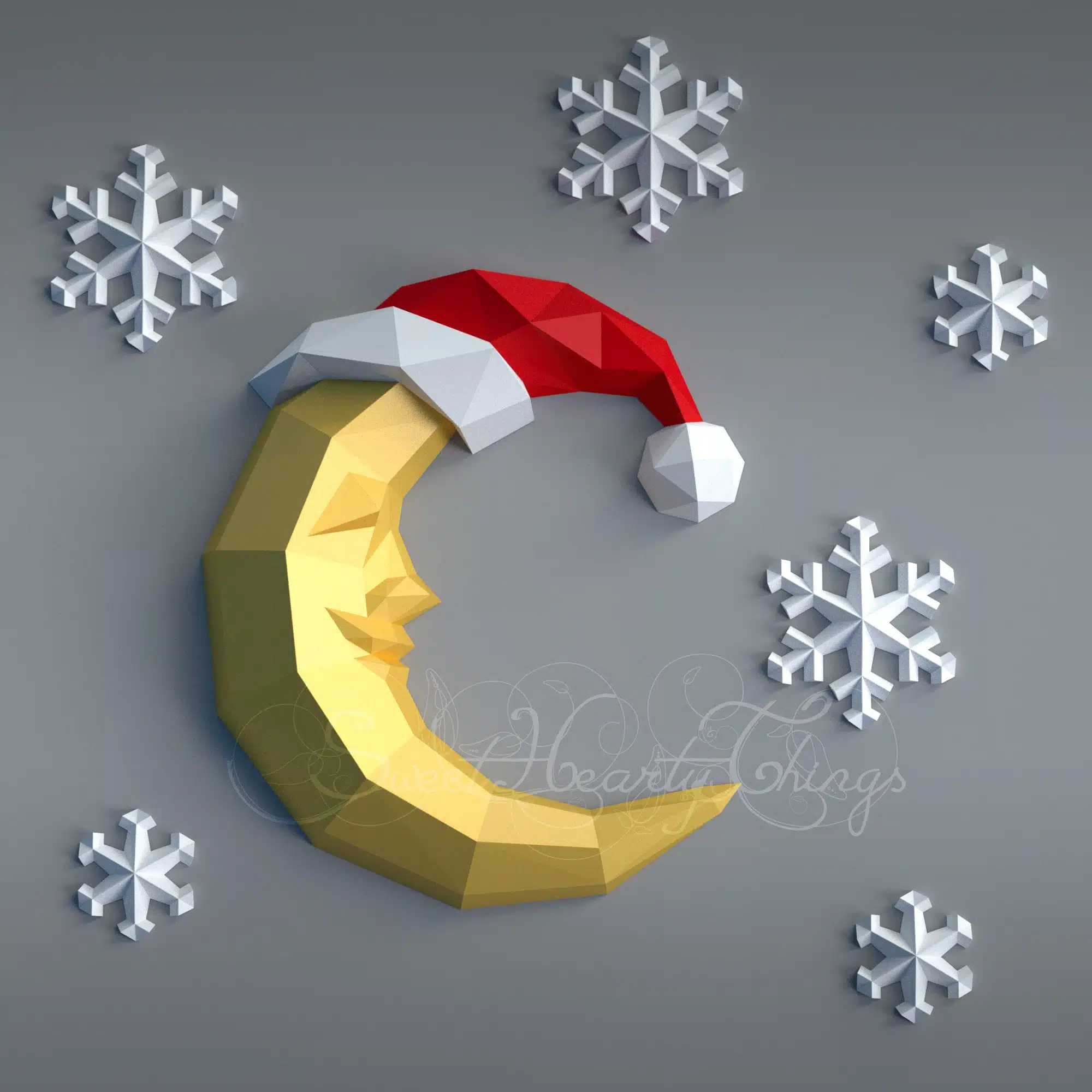 Papercraft of moon and snowflakes in 3D origami