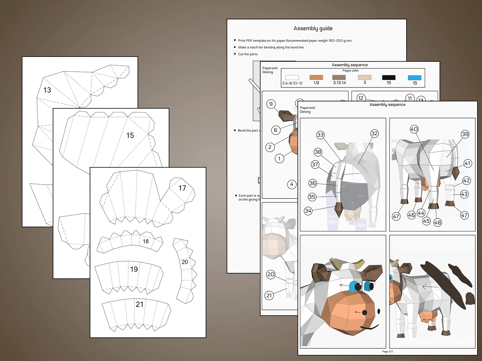 Papercraft di mucca cartoon in origami 3D, vista laterale