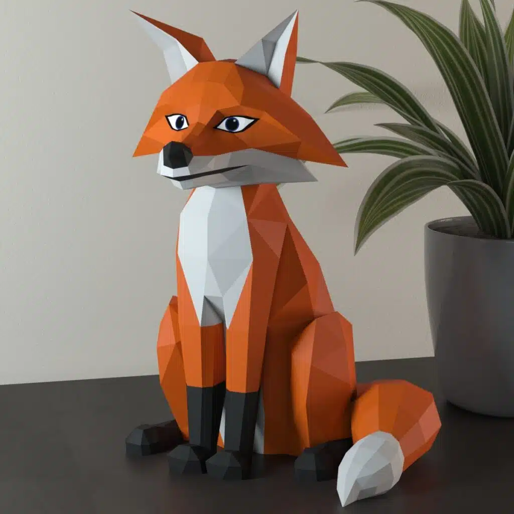 Papercraft di volpe seduta con zampe nere in origami 3D