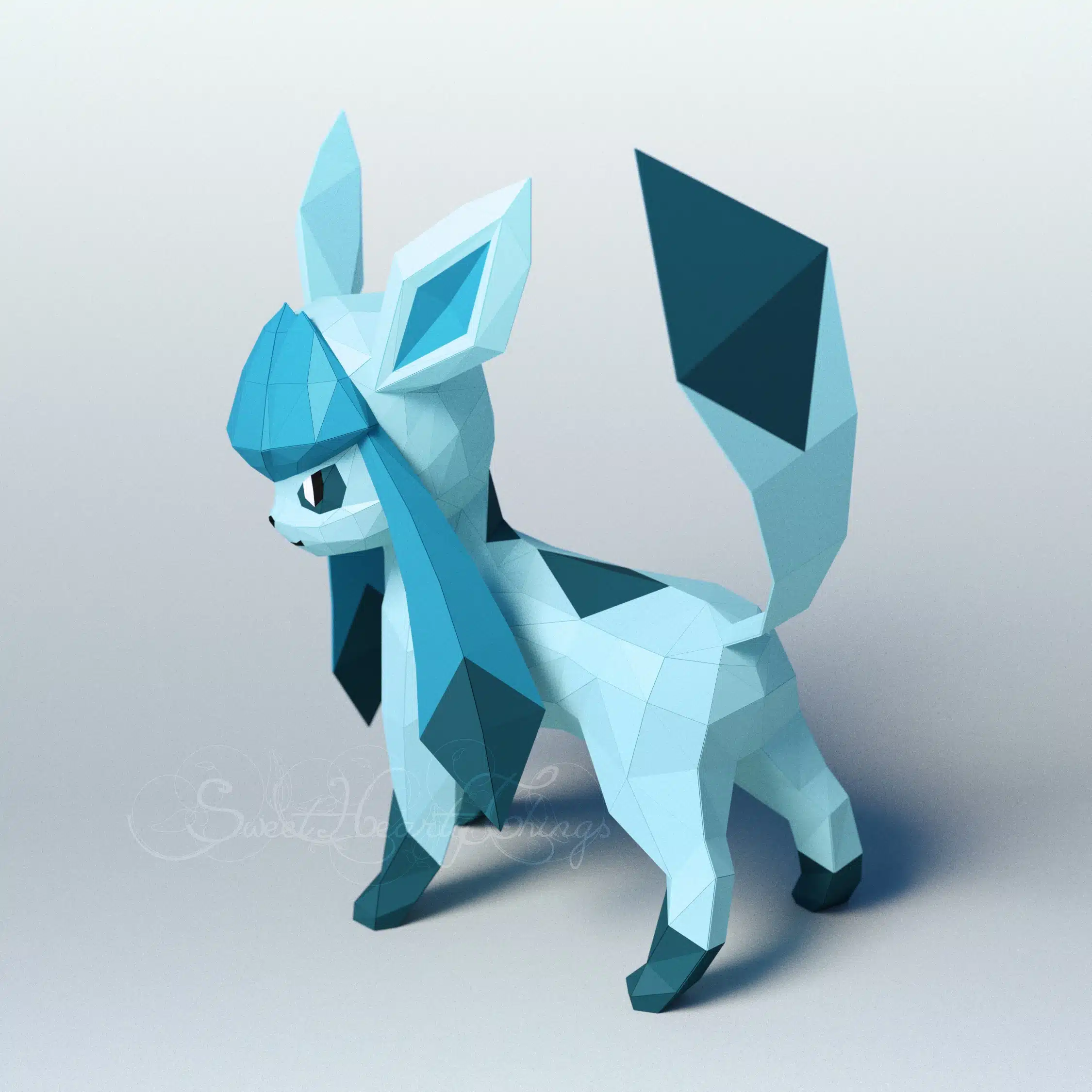 Glaceon Pokémon origami papercraft, side view