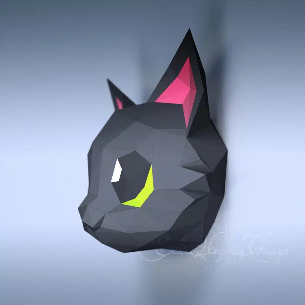 3D Origami Papercraft Black Kitten Head, detail