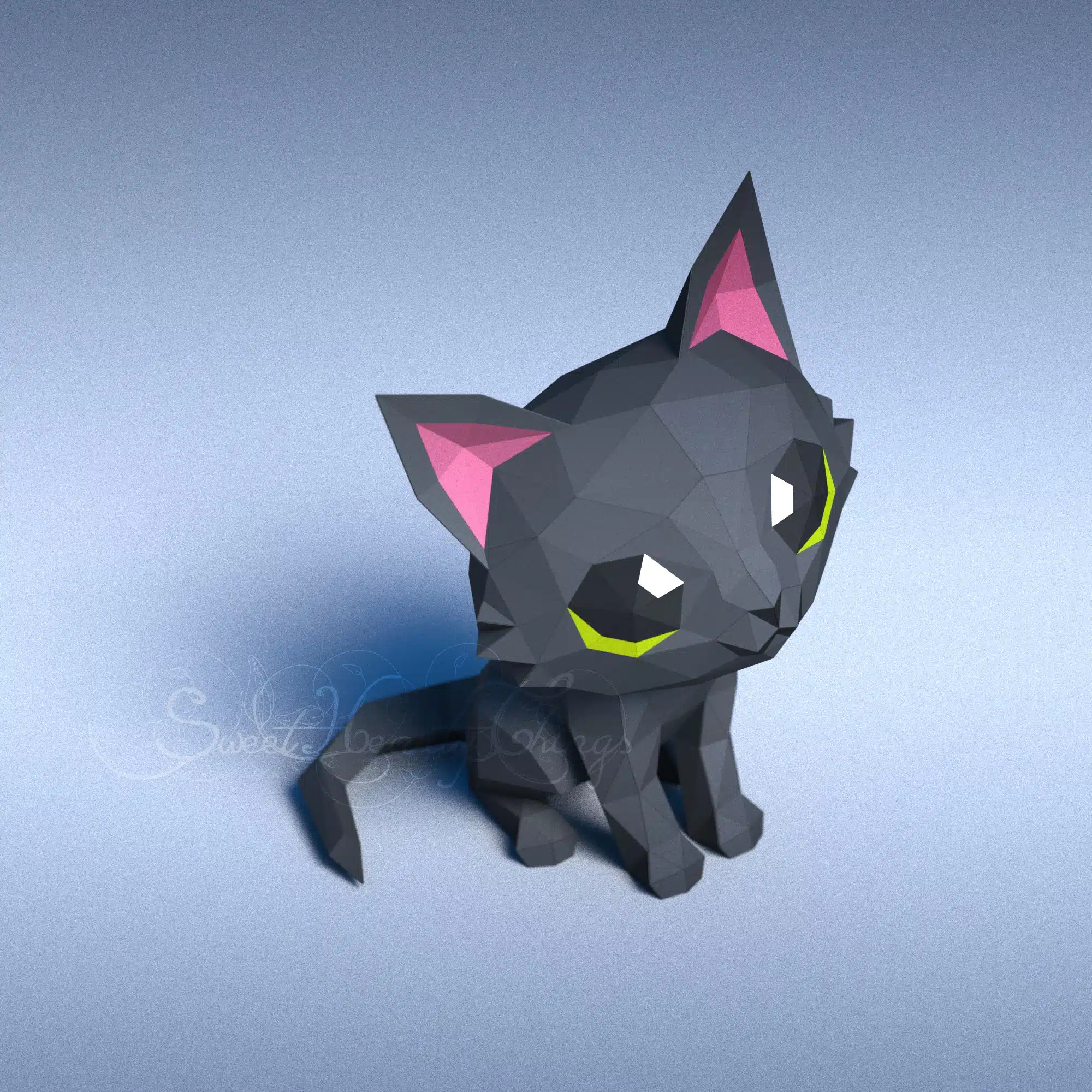 Black cat 3D origami papercraft, side view