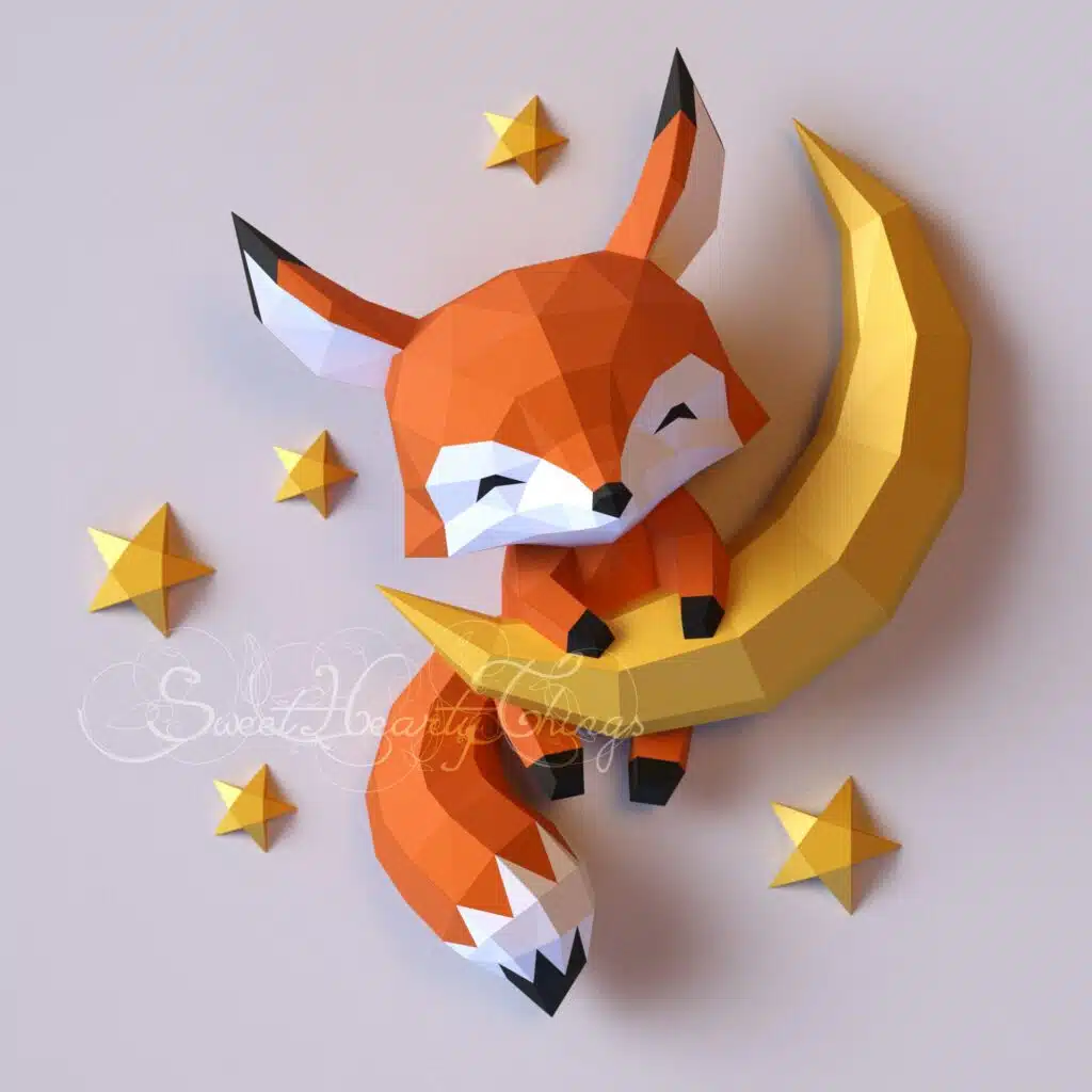 Papercraft zorro bebé sobre la luna en origami