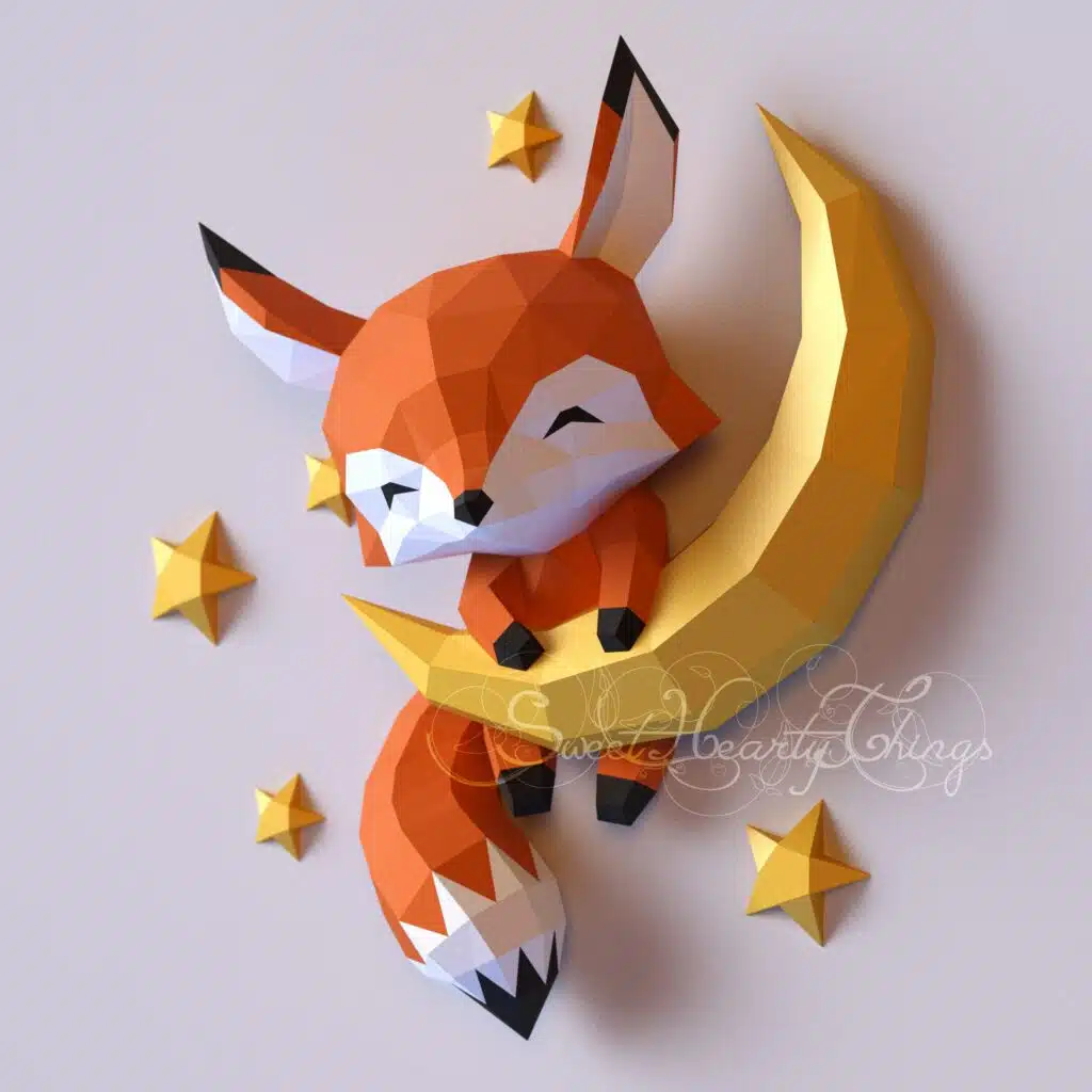 Baby fox papercraft on the moon in origami, detail