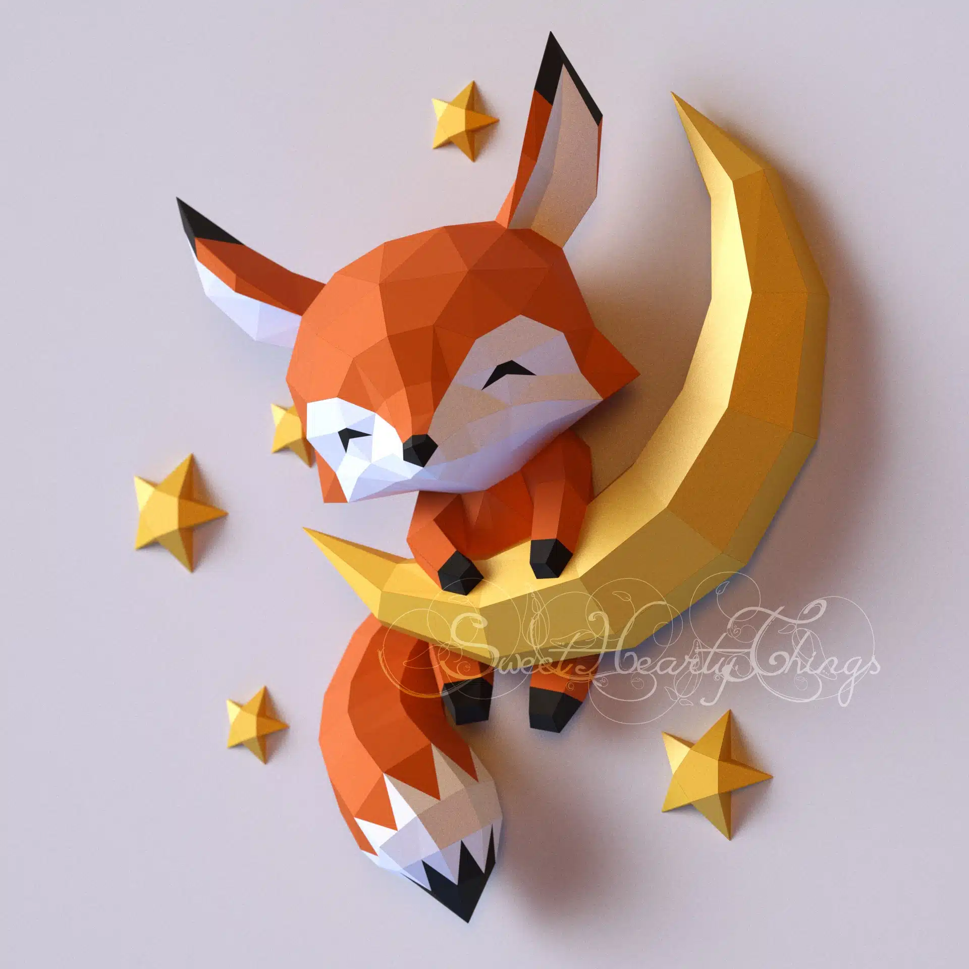 Papercraft baby fox on moon in origami 3D