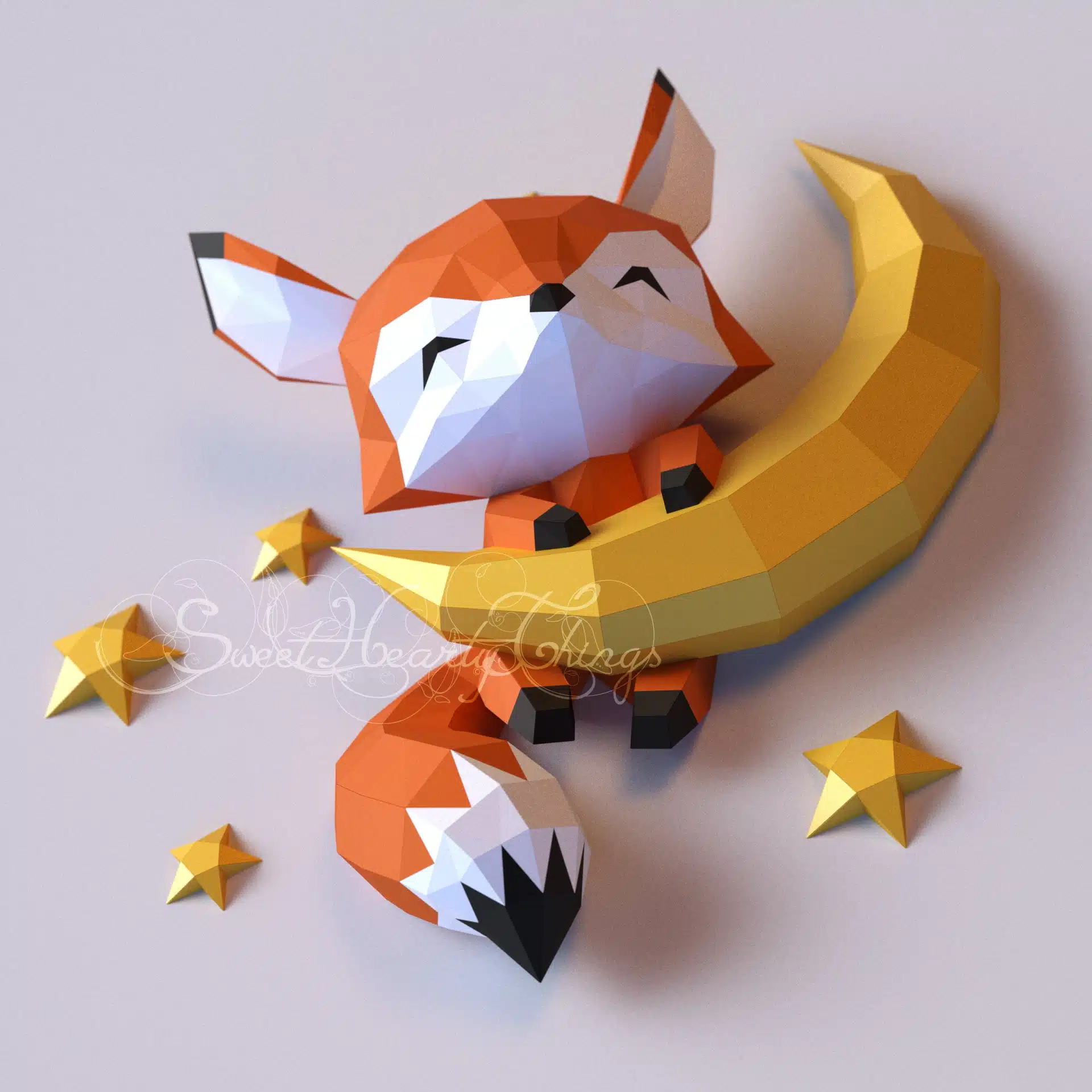 Baby fox papercraft on the moon in origami, back view