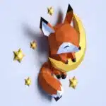Baby fox papercraft on the moon in origami, side view