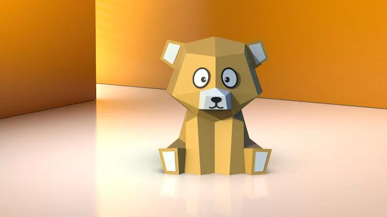 Modelo infantil de urso de pelúcia, papercraft 3D, vista traseira