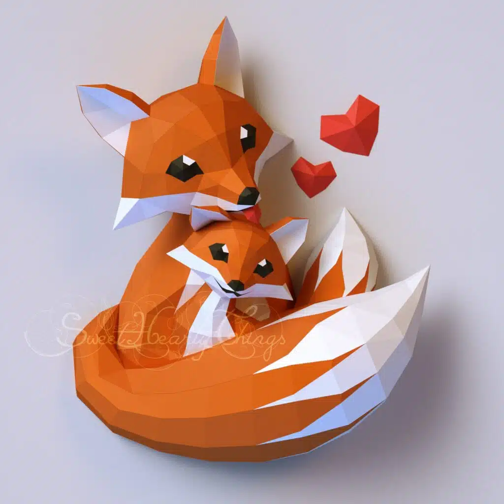 Origami papercraft fox family, view 2