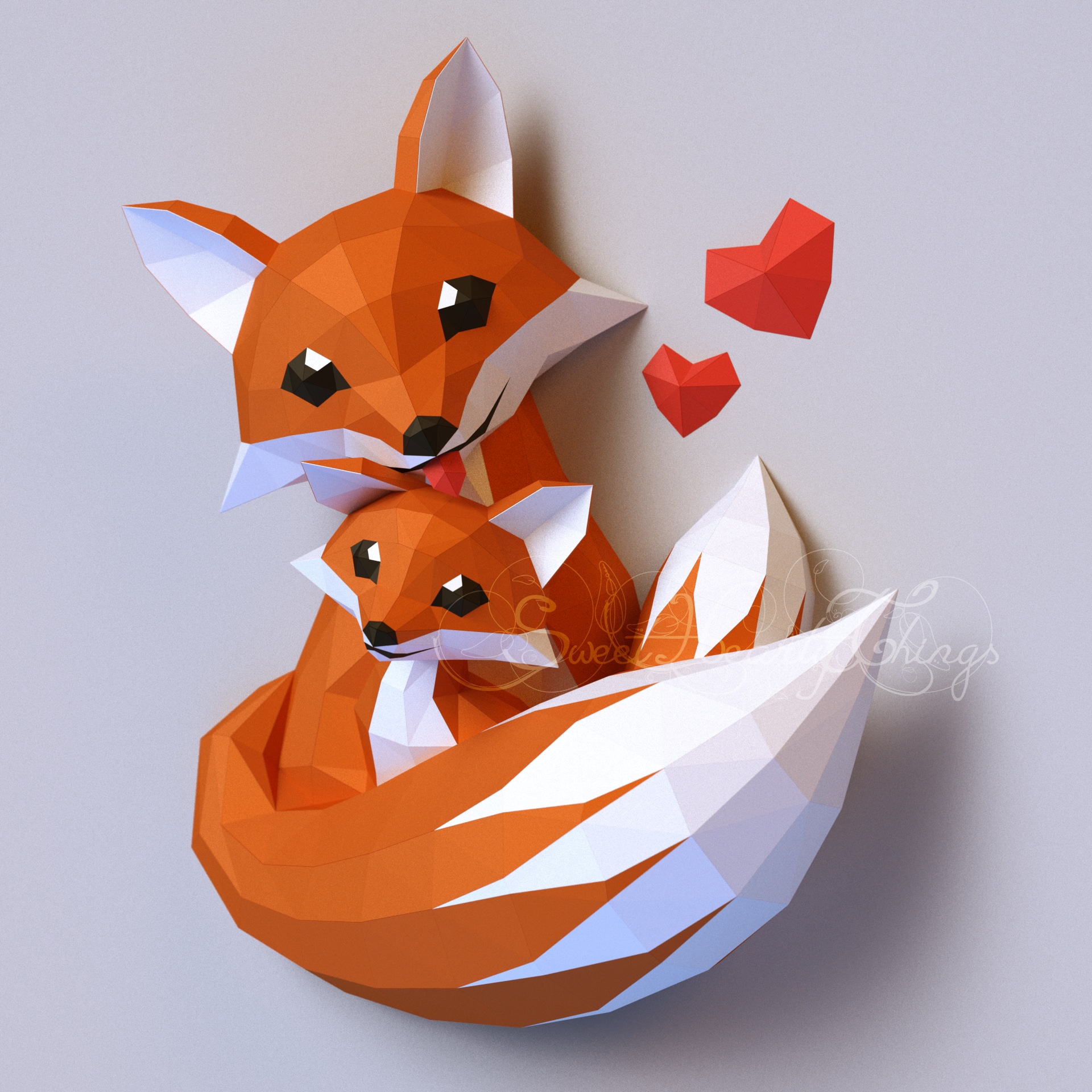 Papercraft fox family in origami