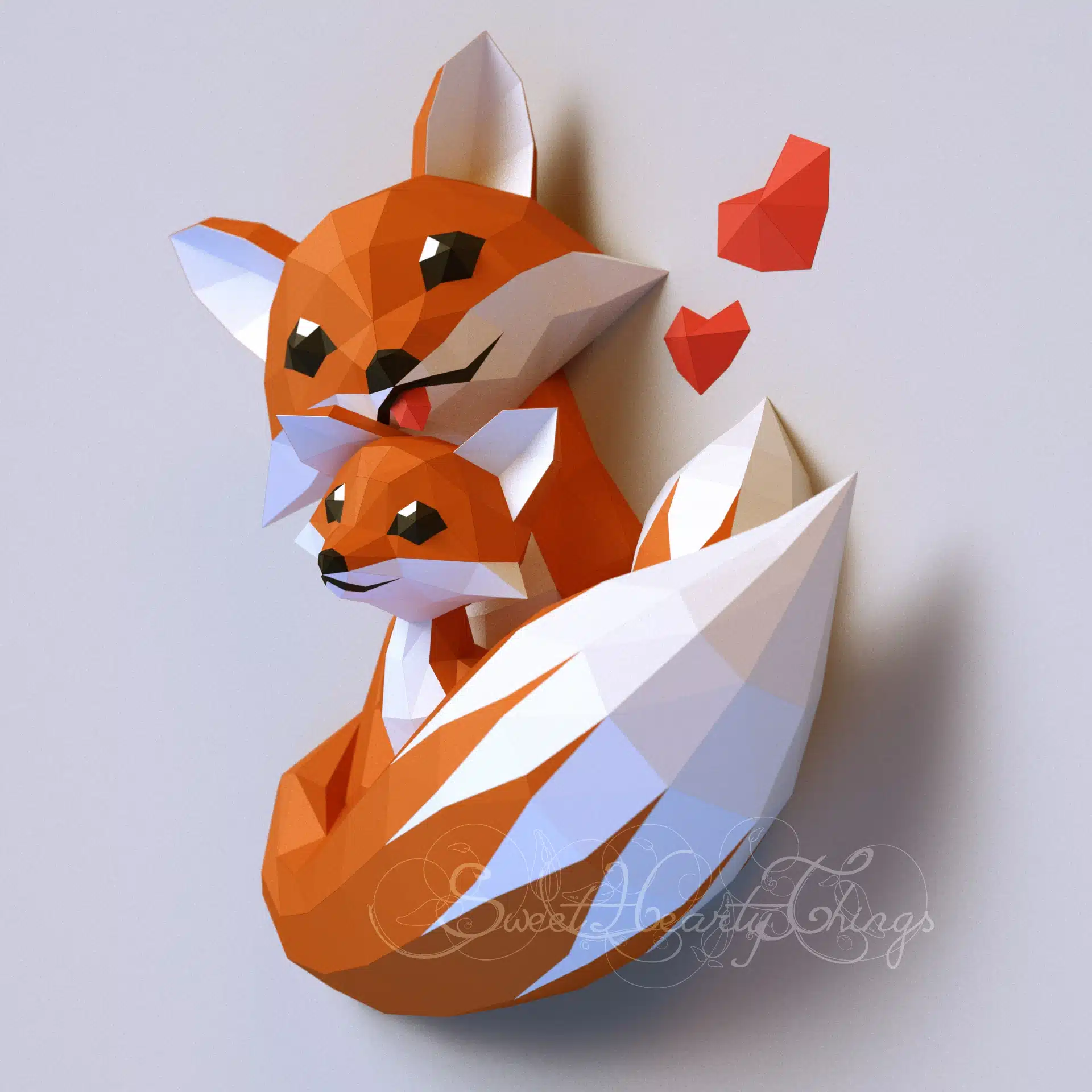 Origami papercraft fox family, back view