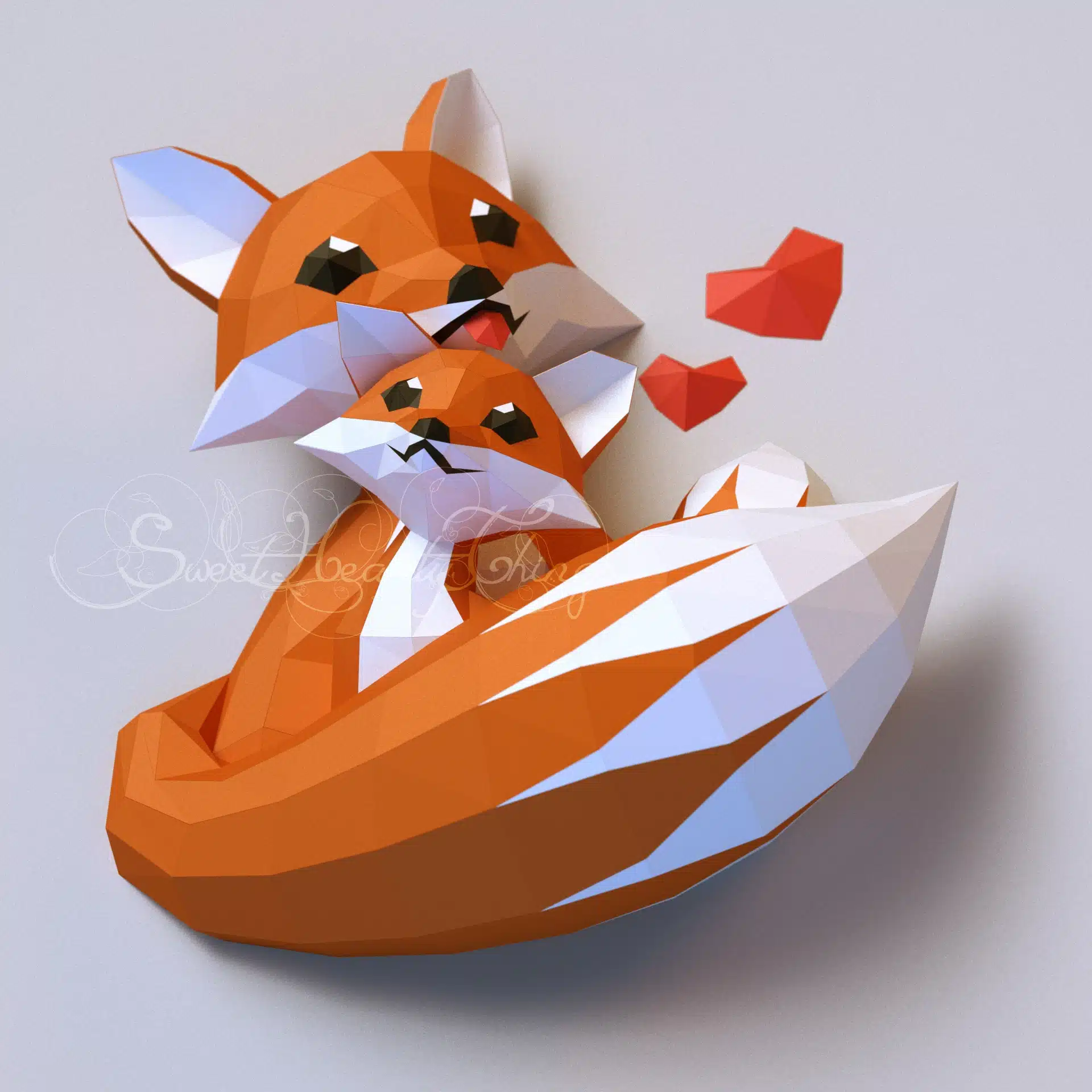 Origami papercraft fox family, side view