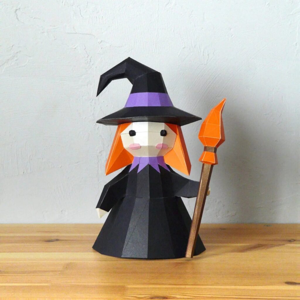 Papercraft de pequeña bruja en origami 3D