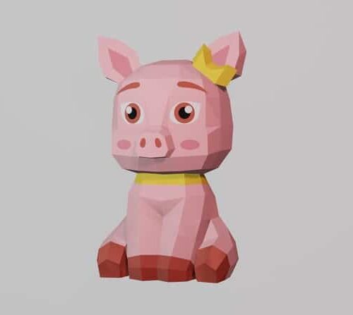 Papercraft pig with bow in 3D origami