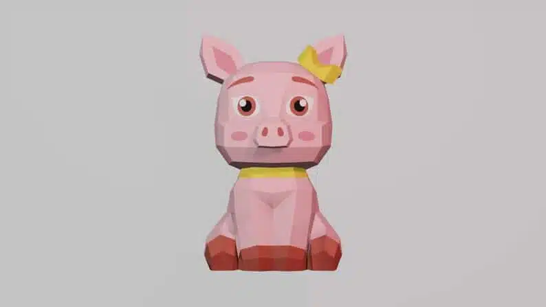 Papercraft de porquinho com laço em origami 3D, vista traseira