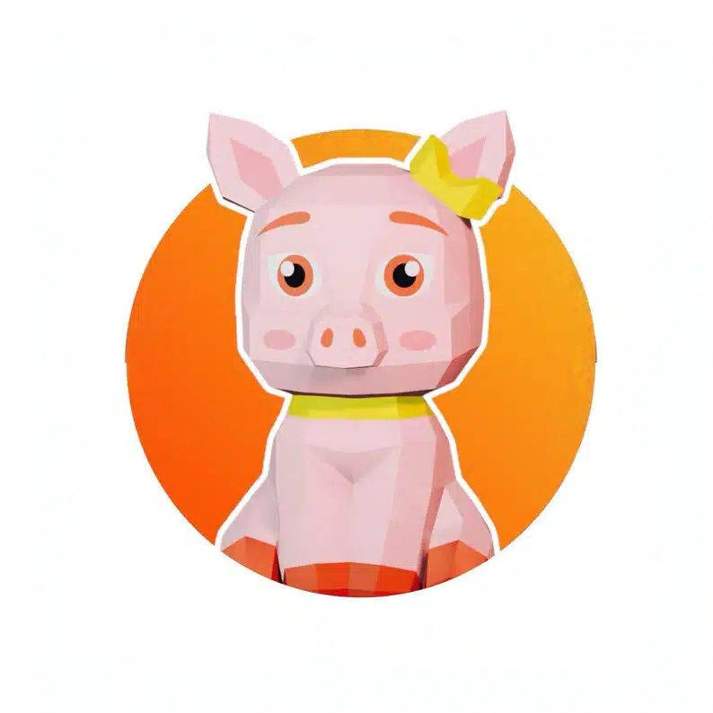 Papercraft de porquinho com laço em origami 3D, vista lateral