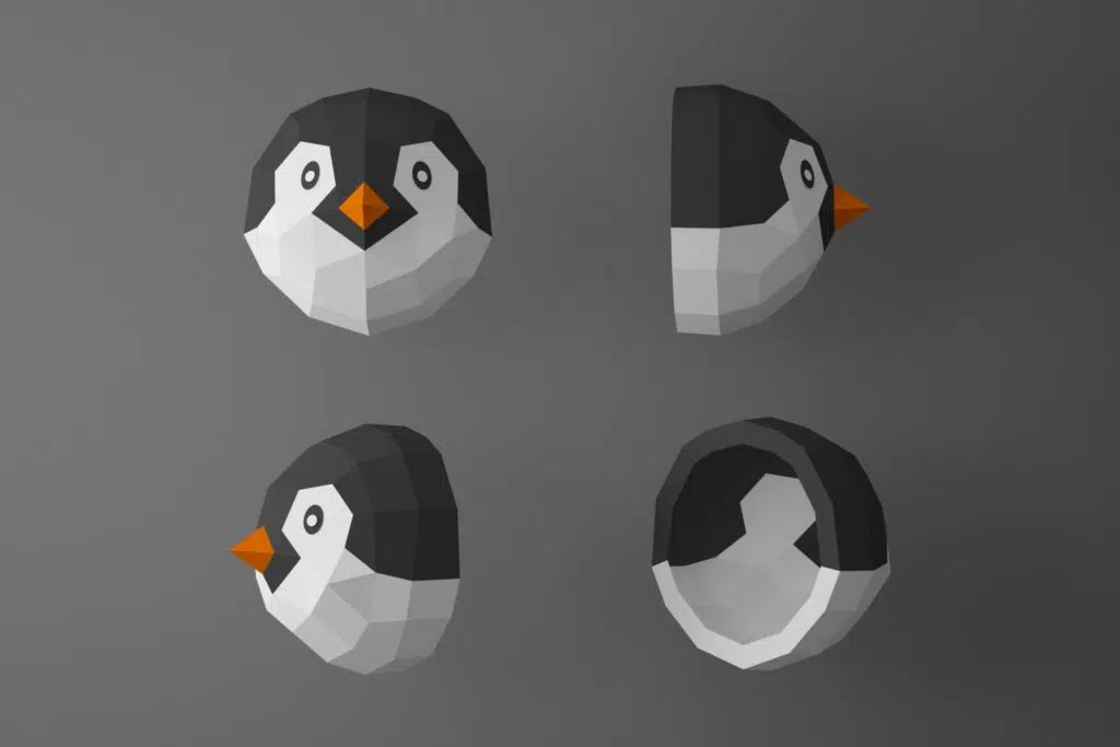 Papercraft de tête de pingouin en origami 3D, weergave 2