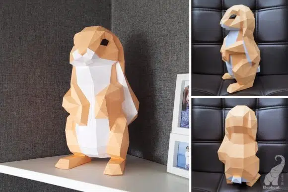 Papercraft de petits lapins debout en origami 3D, weergave 3