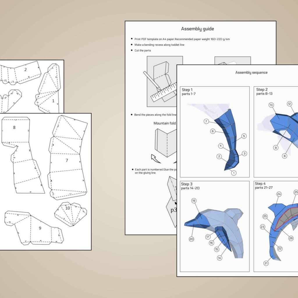 Papercraft de golfinhos de parede em origami 3D